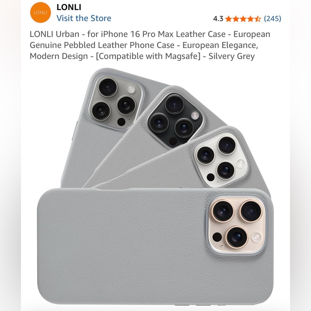 LONLI - Genuine Leather Phone Case for iPhone 16 Pro Max - MagSafe - Grey Beige